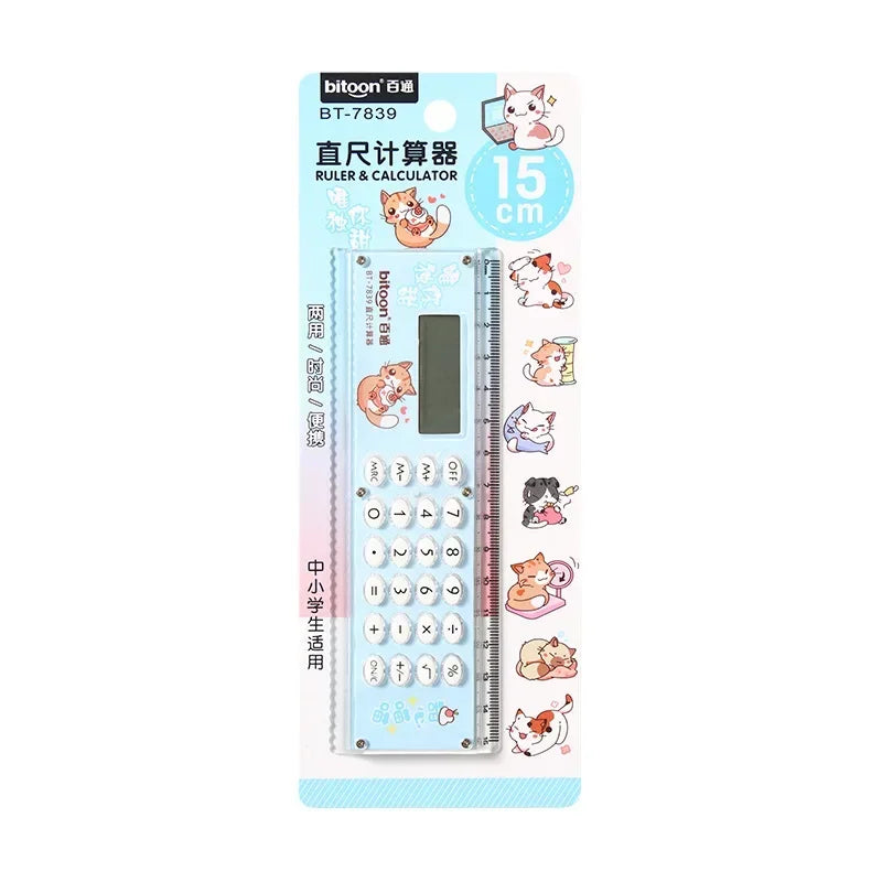 Ruler Calculator Mini Cartoon Cute Gift with A Calculator Ruler Personalized and Creative Multifunction Office School Supplies Peaceful Pleasures Health and Wellness blue-1pc