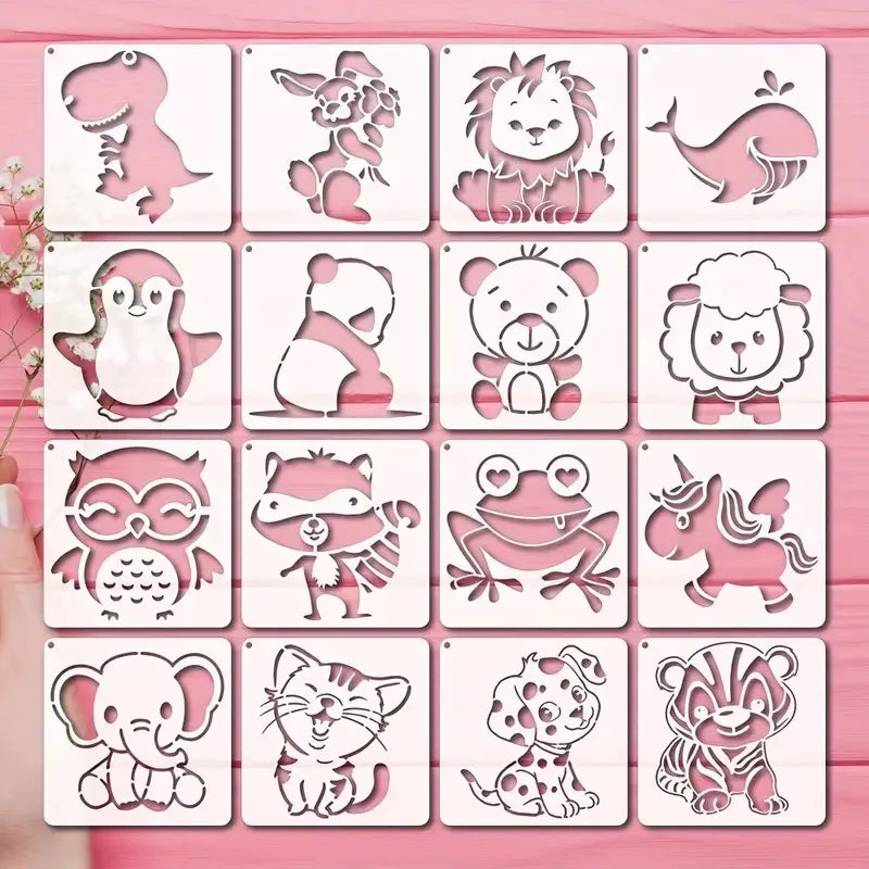 16 Sheets Adorable Cartoon Animal Templates Reusable Stencils Kids