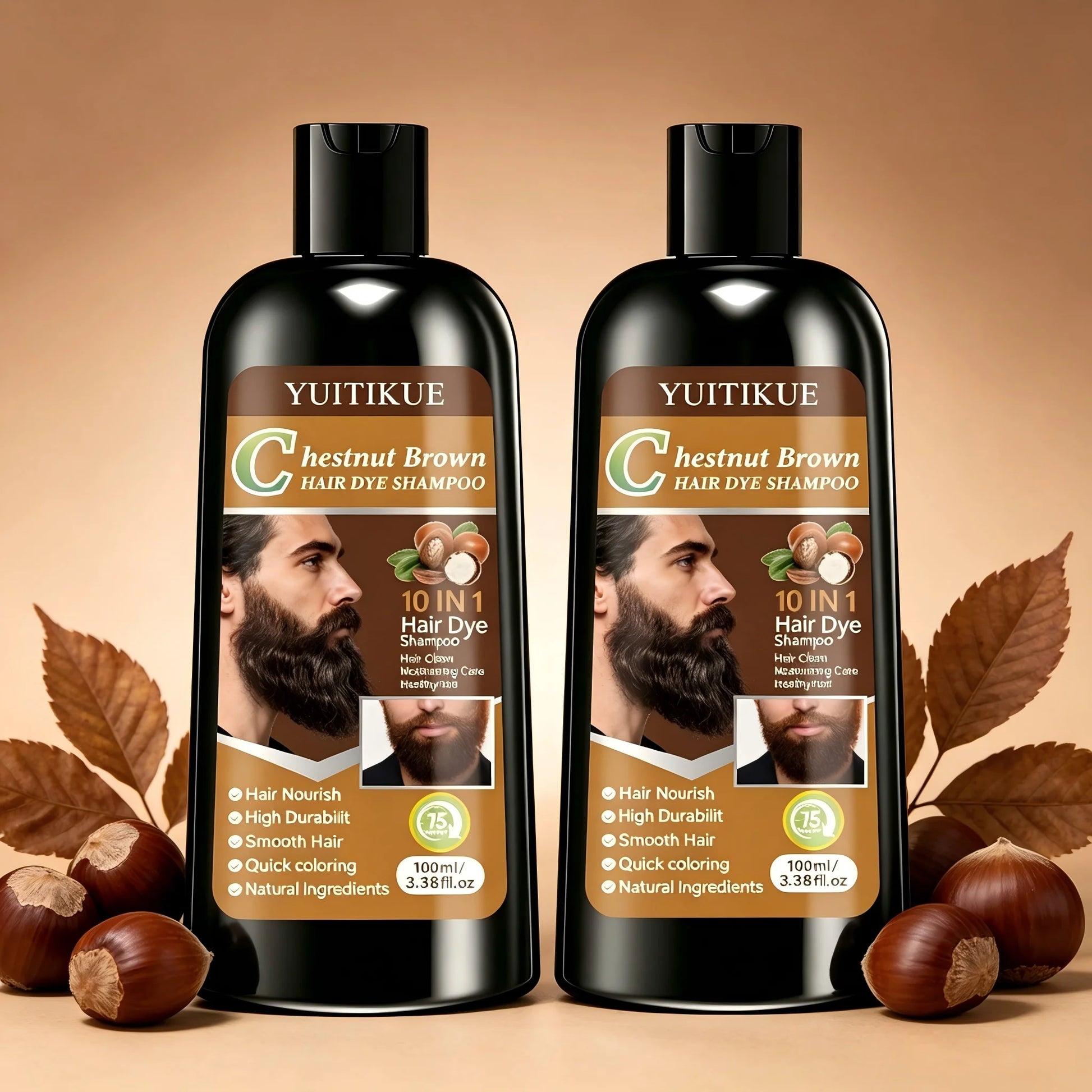 YUITIKUE Chestnut Brown Hair Dye Shampoo 100ml 10-in-1 Natural Ingredients Quick Coloring Nourishing Hair Care Peaceful Pleasures Health and Wellness 2pc