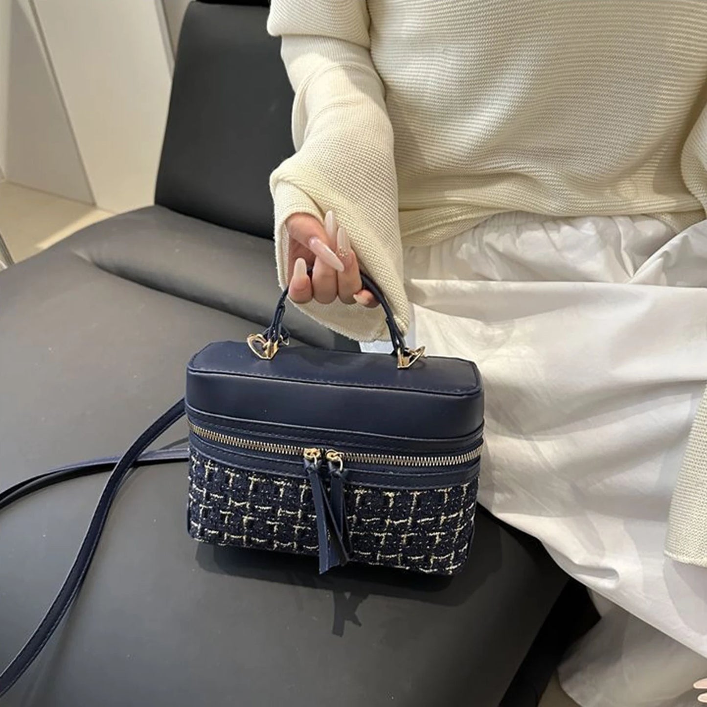 Woolen Material Small Square Bag With Chain Strap For Women Stylish Plaid Design Handbag Peaceful Pleasures Health and Wellness