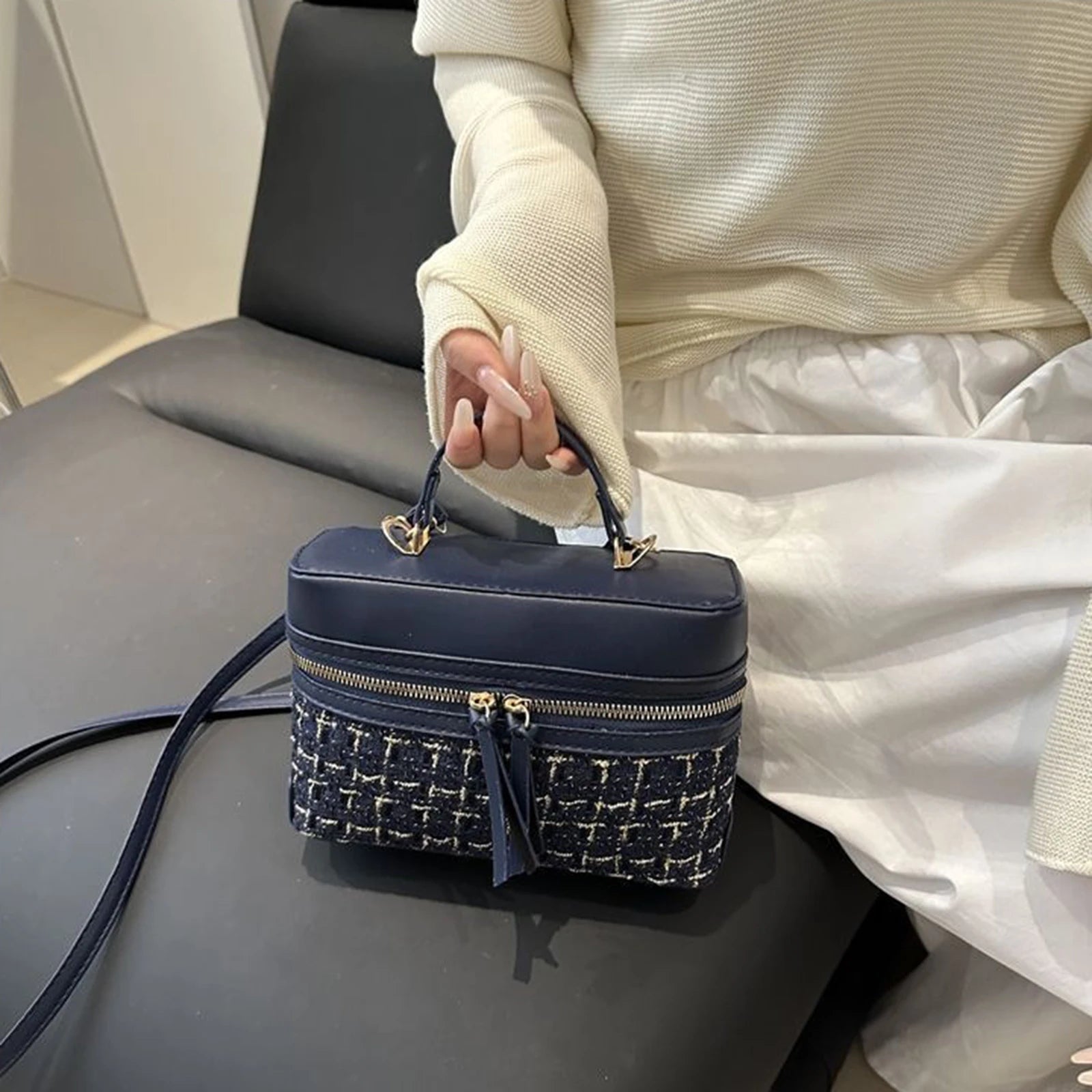 Woolen Material Small Square Bag With Chain Strap For Women Stylish Plaid Design Handbag Peaceful Pleasures Health and Wellness