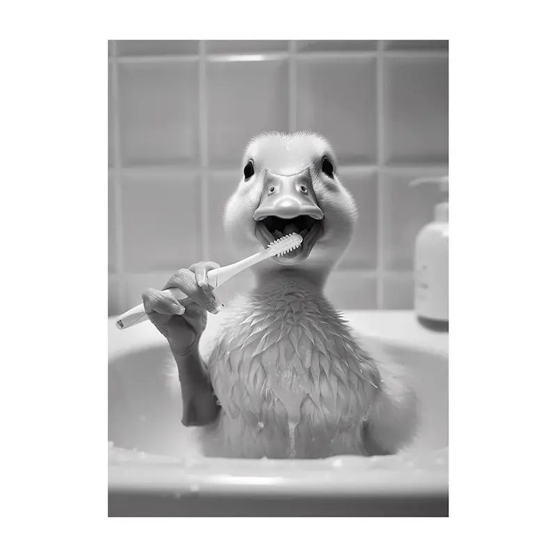 Funny Bathroom Animal Canvas Wall Art | Vintage Brushing Teeth