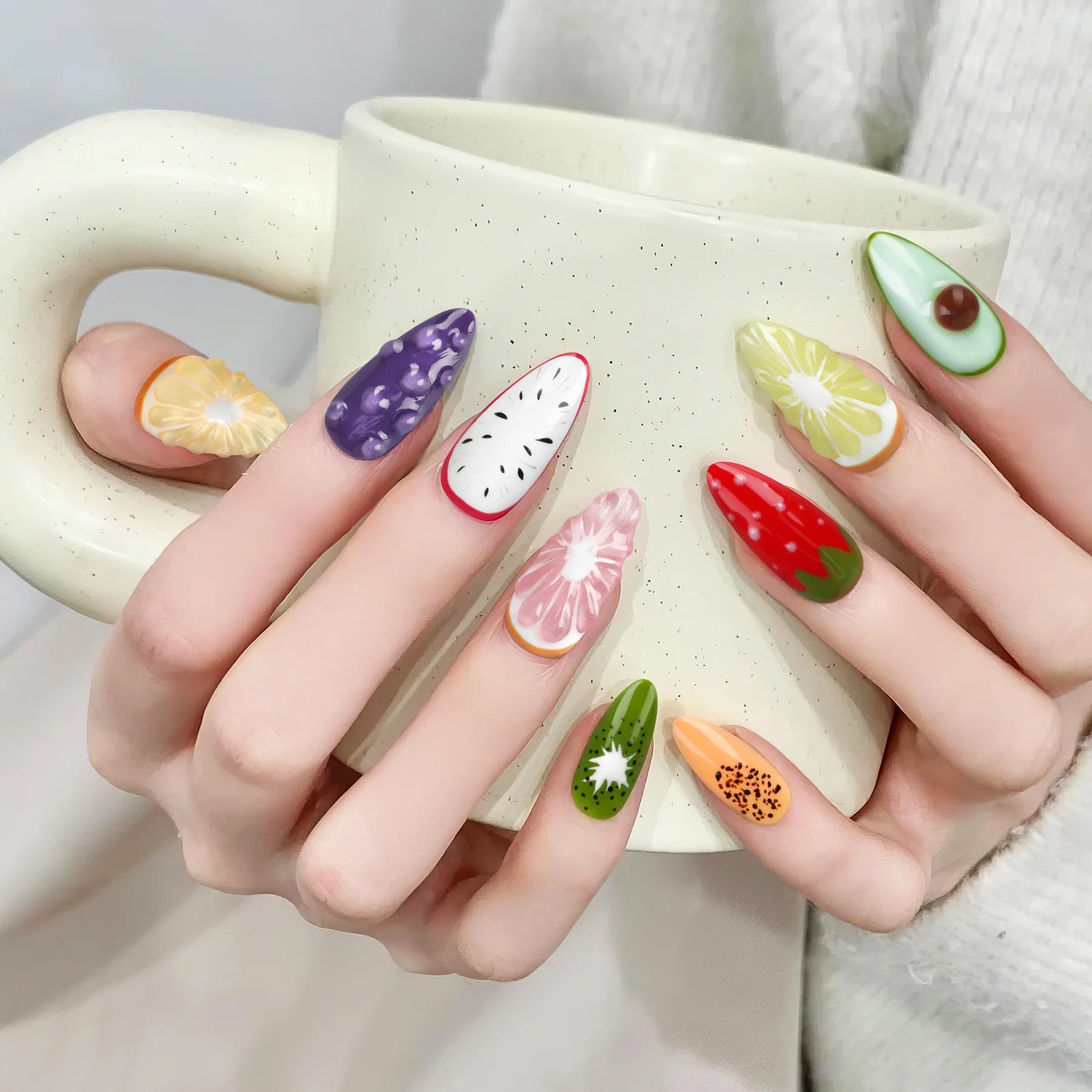 Handmade Press on Nails Summer Fruit Decor False Nails Full Cover Wearable Sweet Grapefruit Orange Design Almond Fake Nail Tips Peaceful Pleasures Health and Wellness S