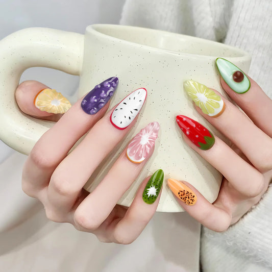 Handmade Press on Nails Summer Fruit Decor False Nails Full Cover Wearable Sweet Grapefruit Orange Design Almond Fake Nail Tips Peaceful Pleasures Health and Wellness S