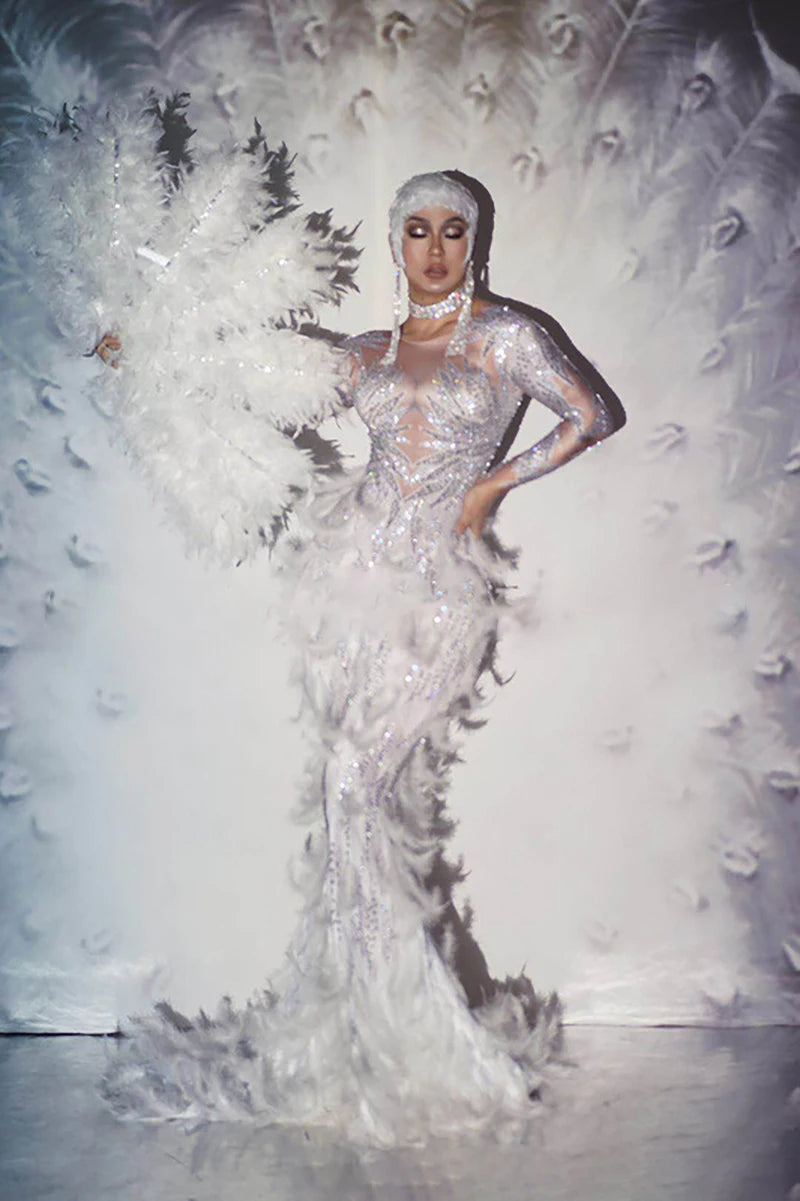 Rhinestone Feather Maternity Photography Dress | Elastic Gauze Maternity Photo Dress Peaceful Pleasures Health and Wellness WHITE L China Mainland