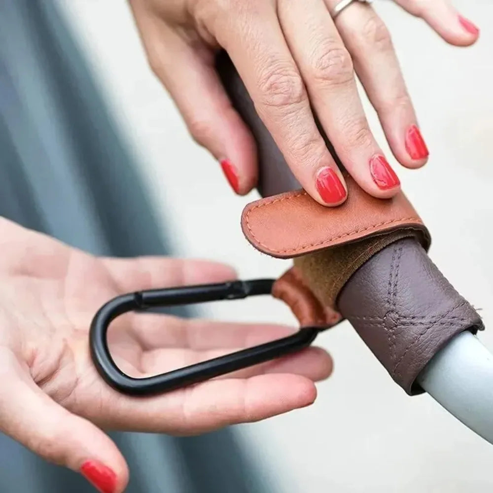 2-Pack Leather Stroller Hooks | Universal Carabiner Clips
