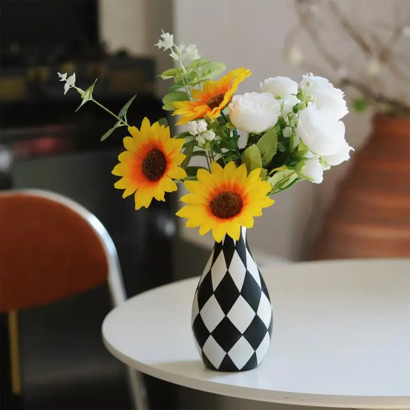 Black White Checkered Resin Vase | Modern Home Décor Accent