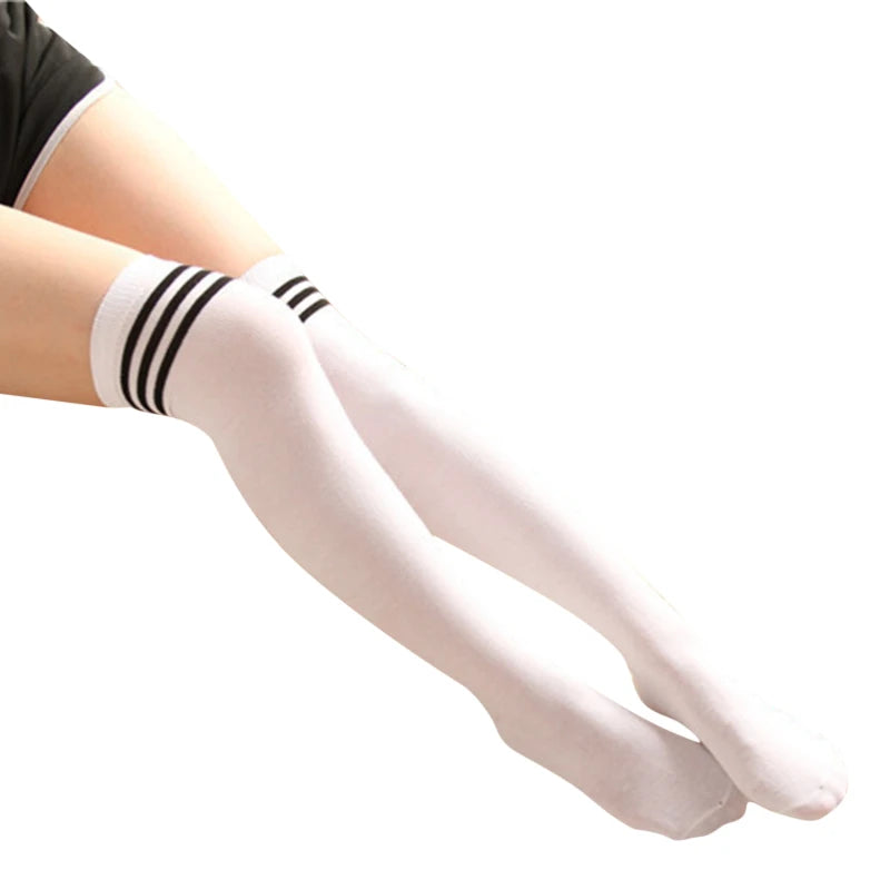 Thigh High Socks Striped Women Sexy Long Stockings Female Over Knee Socks Nylon Women's Leg Warmers Peaceful Pleasures Health and Wellness stripes black white One Size