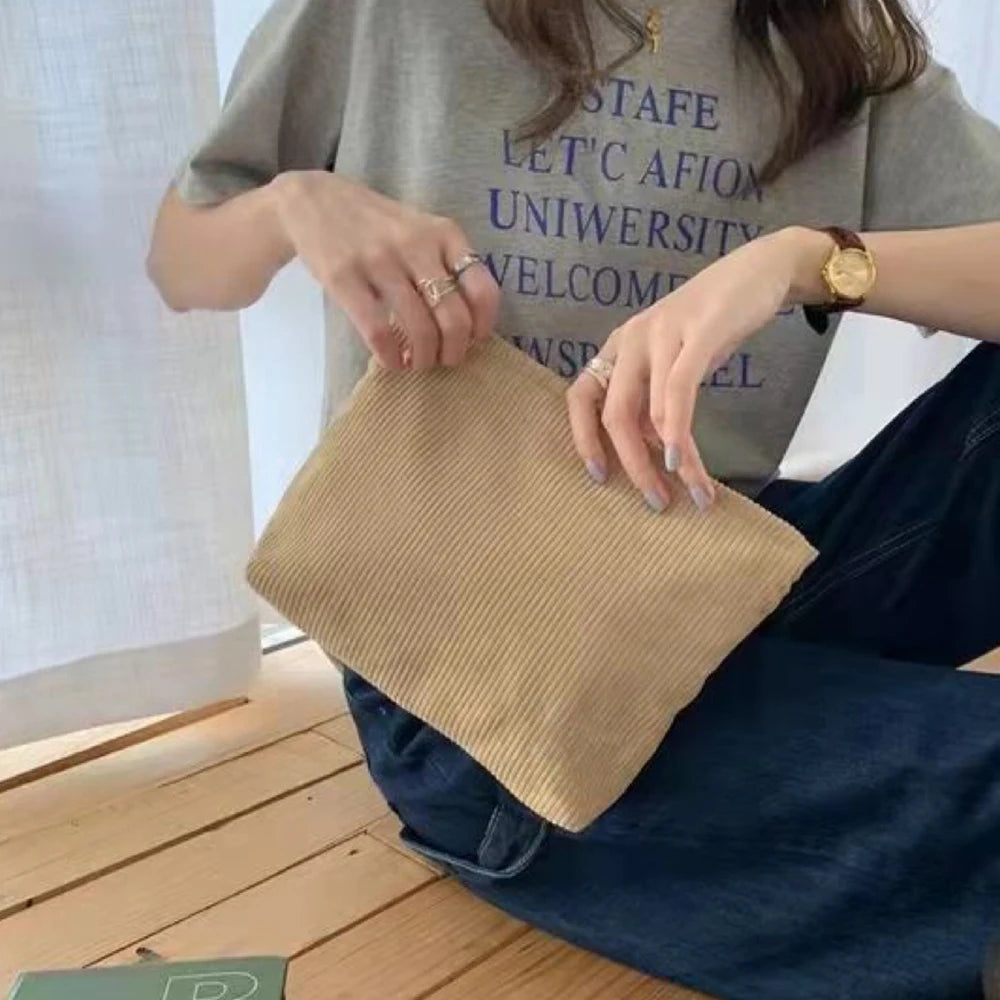 Corduroy Travel Cosmetic Bag Portable Makeup Storage Bag Purses Women Large Capacity Zipper Make Up Organizer Storage Clutch Peaceful Pleasures Health and Wellness
