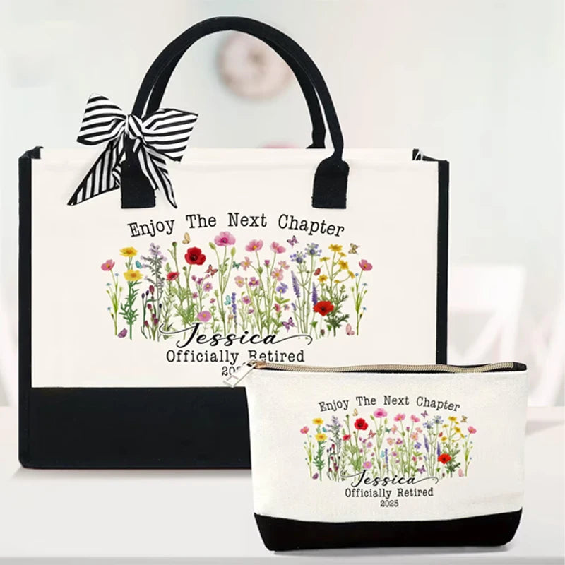 Retirement Tote & Makeup Bag Set Gift for Women | Black & White Gift Tote Bag Set Peaceful Pleasures Health and Wellness