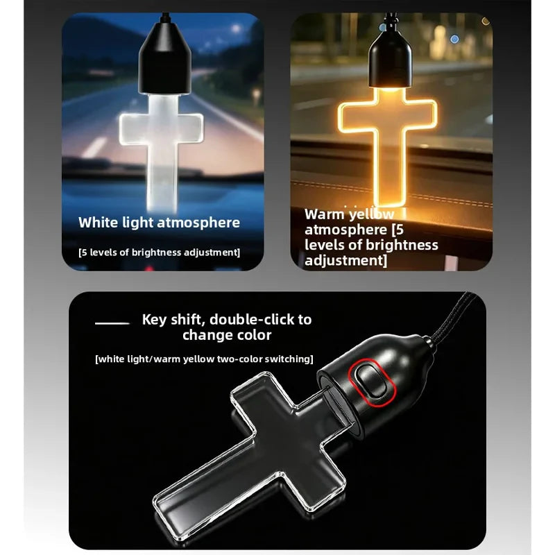 Crystal Cross Car Mirror Pendant LED Ambient Night Light