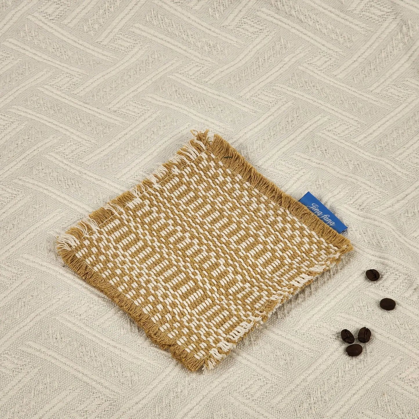 Vintage-inspired, tassel-trimmed woven coasters. checkered square fabric trivets, perfect for coffee, tea, and more Peaceful Pleasures Health and Wellness Apricot