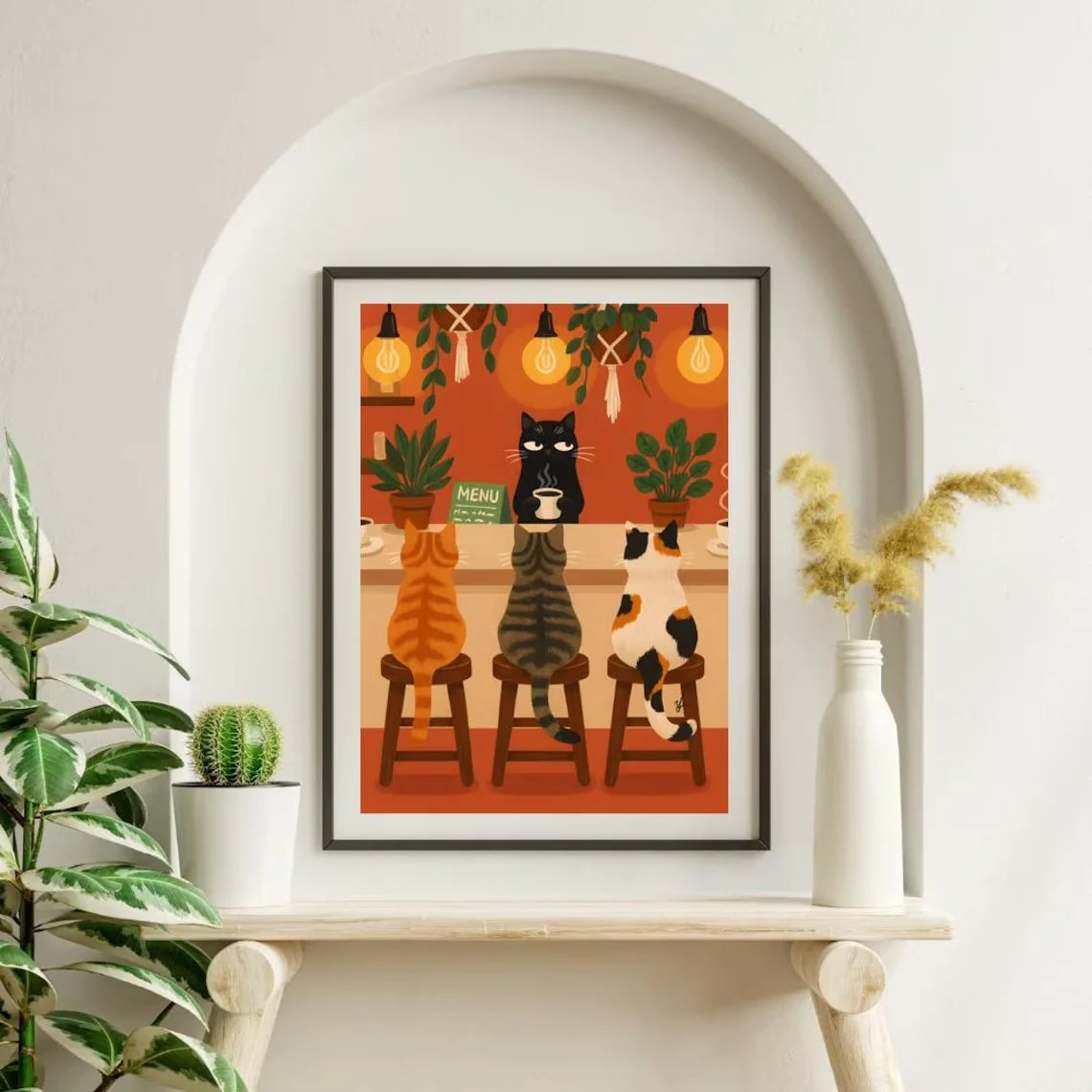 Whimsical Cat Cafe Illustration Poster, Retro Kitchen Wall Art With Tabby, Calico, And Black Barista Cats High Resolution Digita Peaceful Pleasures Health and Wellness