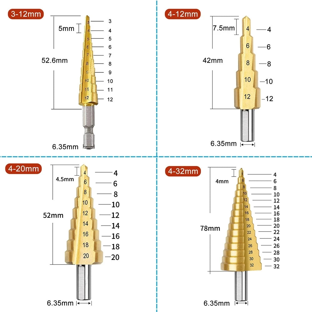Straight Groove Step Drill Bit HSS Titanium Coated Wood Metal Hole Cutter Core Drilling Tools Set 4 Models 3-12 4-12 4-20 4-32 Peaceful Pleasures Health and Wellness