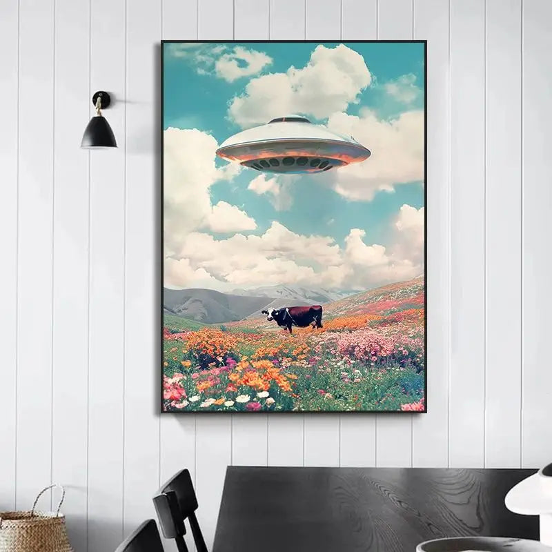 Retro UFO Alien Cow Canvas Poster Disco Ball Cactus Landscape Trippy Wall Art Surreal Aesthetic Home Decor Mural Peaceful Pleasures Health and Wellness