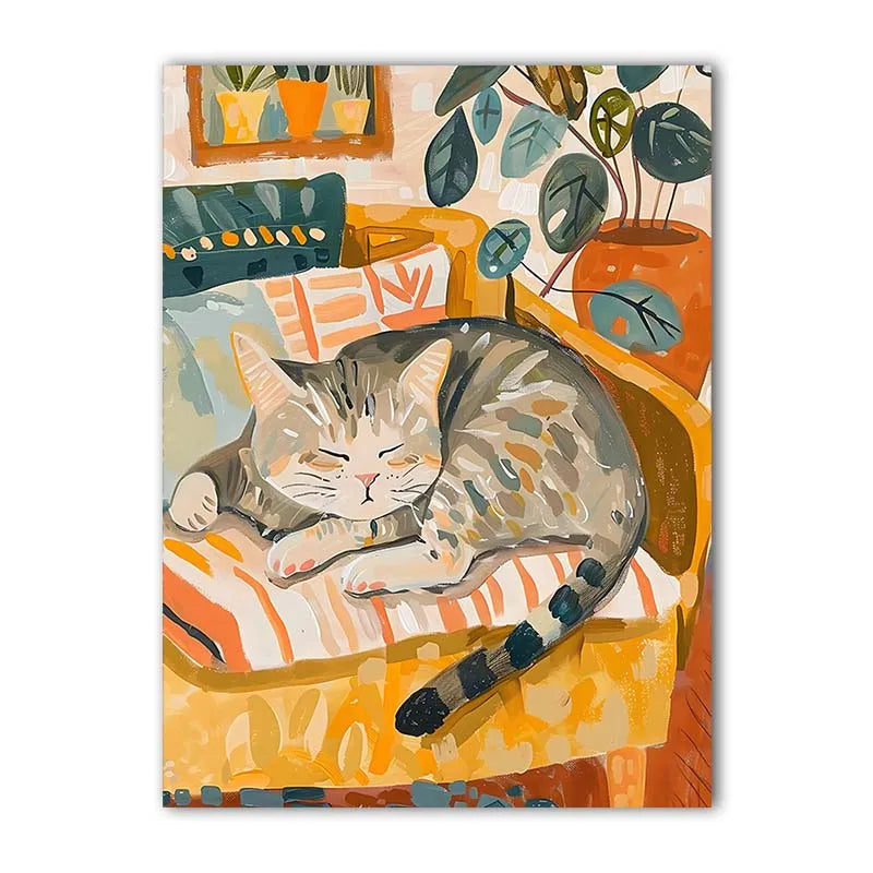 Nordic Wall Art Cute Cat Sleeping Gouache Vintage Canvas Painting Nordic Style Poster Prints Bedroom Living Room Wall Decor Peaceful Pleasures Health and Wellness 02 50x70cm NoFrame China Mainland