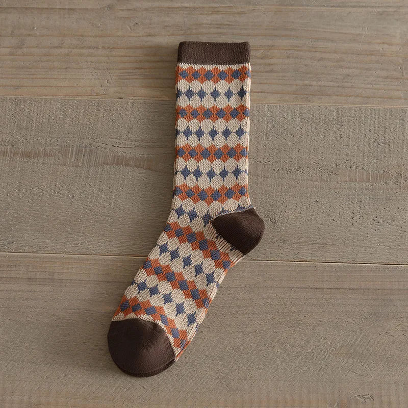Autumn Winter Brown Mid Length Socks Fashion Grid Pattern Retro Fashion Mid Tube Sock Sweat Absorbing and Breathable Cotton Sock Peaceful Pleasures Health and Wellness 3 One Size