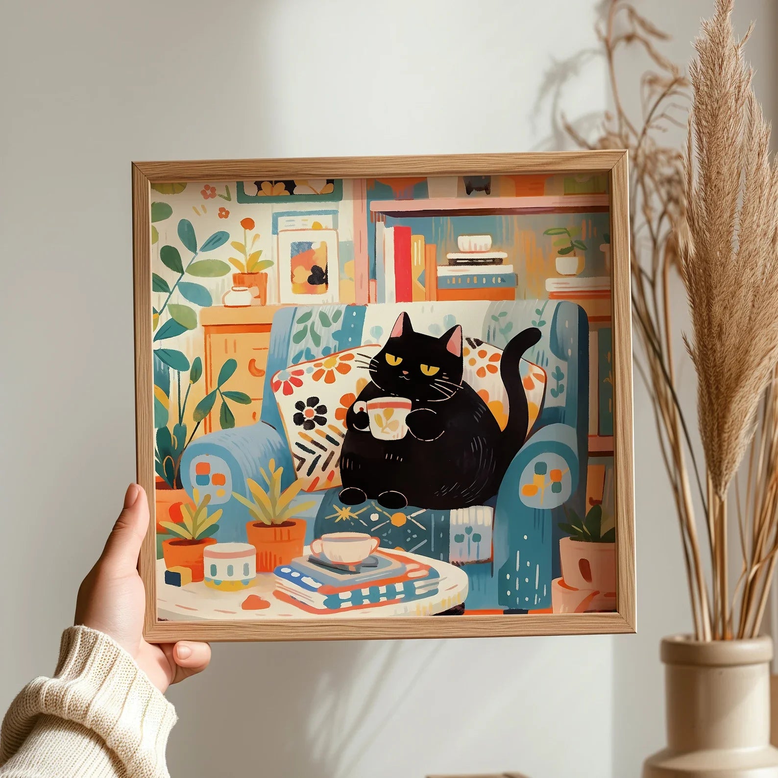 Cute Coffee Cat Canvas Wall Art | Cat Mom Gift Print Canvas Wall Art Peaceful Pleasures Health and Wellness