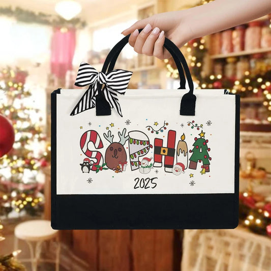 Personalized Christmas Burlap Tote Bag | Custom Name Xmas Gift Personalized Tote Bag Peaceful Pleasures Health and Wellness
