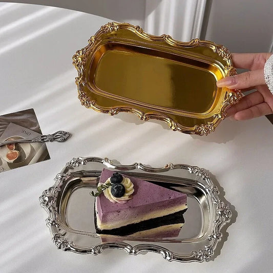 European Vintage Embossed Decorative Tray – Gold Platter Peaceful Pleasures Health and Wellness