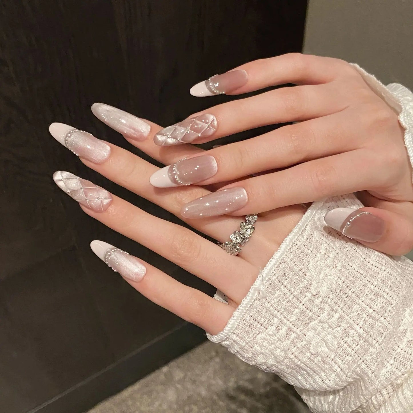 Handmade Sweet Diamond Grid Decor Press on Nails French Shiny Pink Cat Eye Fake Nails Wearable Reusable Korean Bride False Nails Peaceful Pleasures Health and Wellness
