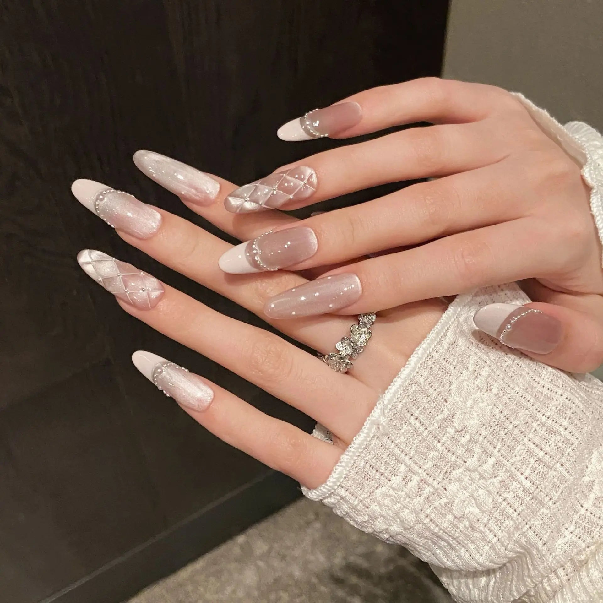 Handmade Sweet Diamond Grid Decor Press on Nails French Shiny Pink Cat Eye Fake Nails Wearable Reusable Korean Bride False Nails Peaceful Pleasures Health and Wellness