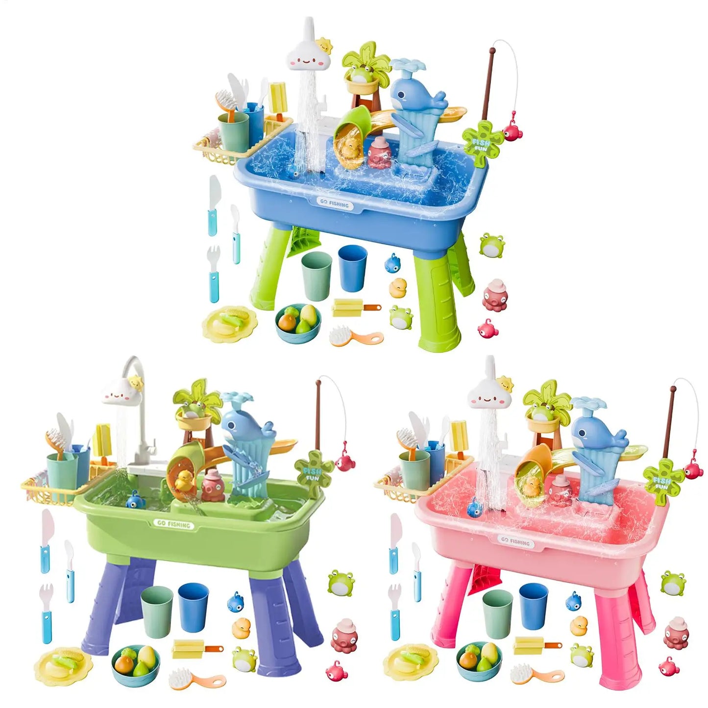 Kids Water Play Table with Fishing Game & Kitchen Set