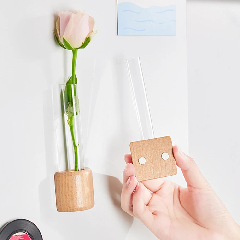 Mini Test Tube Glass Vase Wooden Magnetic DIY Hydroponic Plant Flower Arrangement Ornament Container Hanging Bonsai Decorating Peaceful Pleasures Health and Wellness