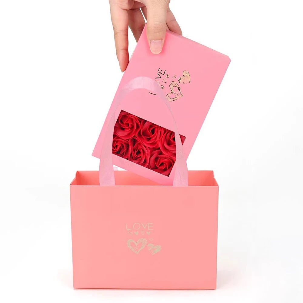 Window Opening Jewelry Box Romantic 6 Rose Pendants Ring Bracelet Valentine's Day Eternal Flower Jewelry Gift Packaging Box Bag Peaceful Pleasures Health and Wellness Pink 12.6x9.6x4.6cm 14.4x11.8cm