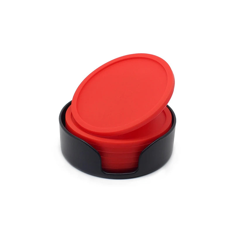 6-Piece Non-Slip Silicone Coaster Set with Holder – Round Cup Mats for Home & Kitchen