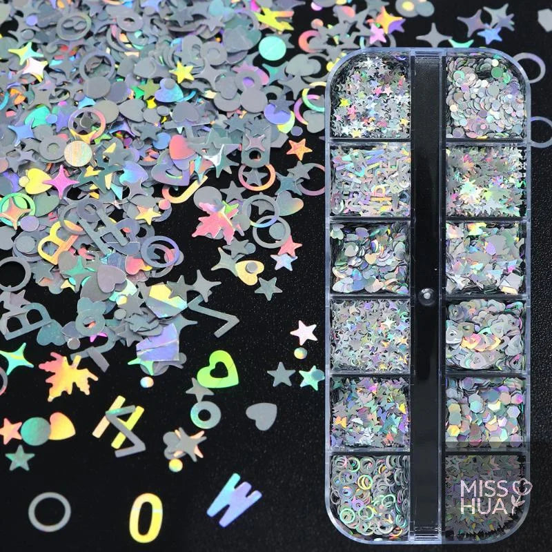 12-Grid Laser Nail Glitter Set – Star & Love DIY Nail Art