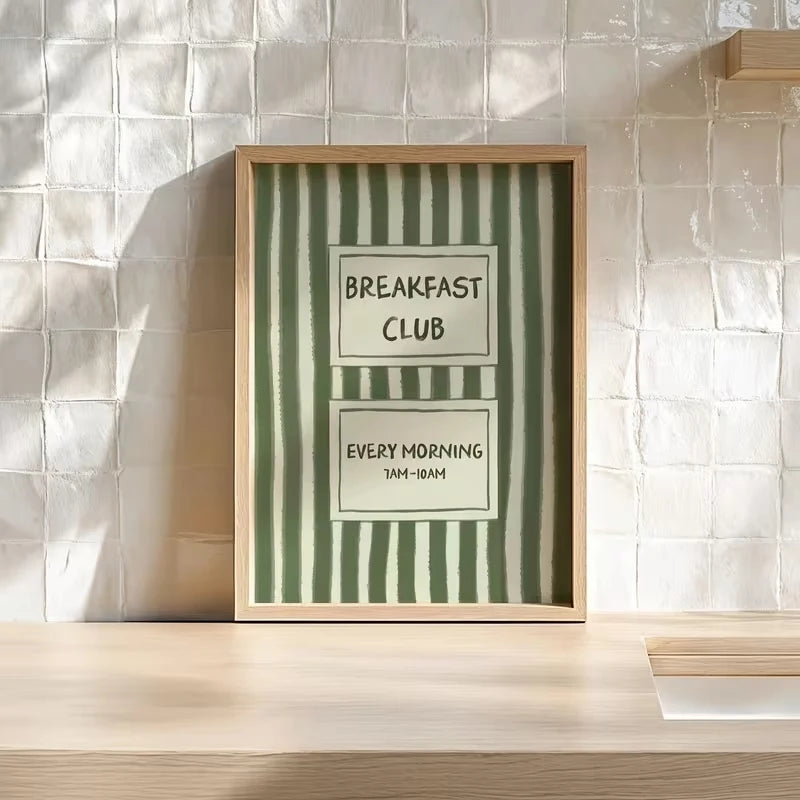 Breakfast Club Olive Green Striped Canvas Wall Art Print