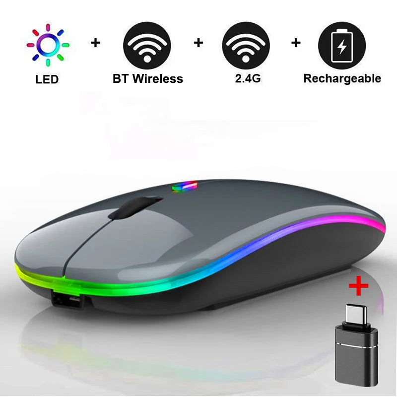 LED Bluetooth-compatible Wireless Mouse 2.4GHz Slim Rechargeable Silent Mice RGB Ergonomic Gaming mouse for Computer Laptop PC Peaceful Pleasures Health and Wellness Gray with OTG