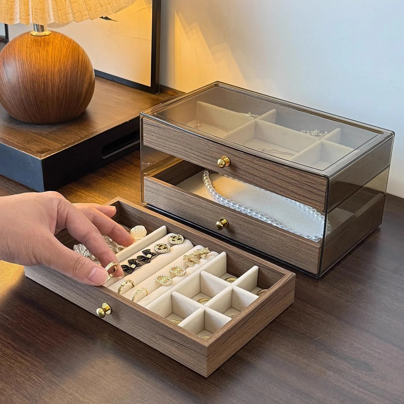 3-Layer Jewelry Box Organizer | Glass Window & Olive Green Leather