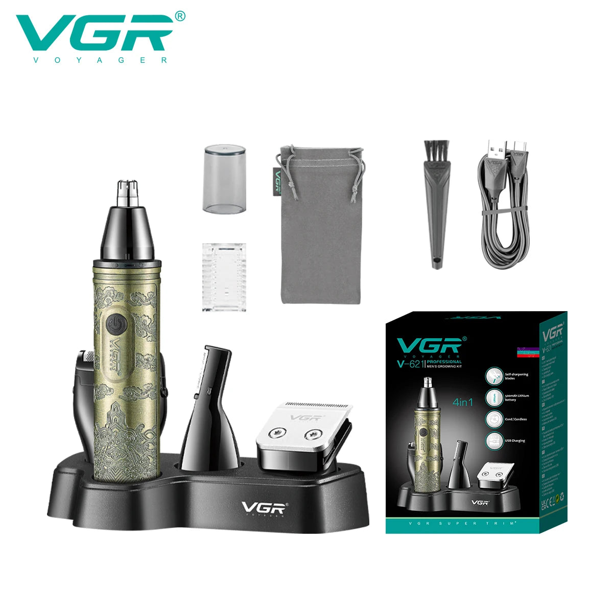 VGR 621 4-in-1 Hair Cleaning Set for Men: Shaver, Carving, Haircutting, Pushing, Metal Nose Hair Trimmer, Electric Shaver Peaceful Pleasures Health and Wellness USB