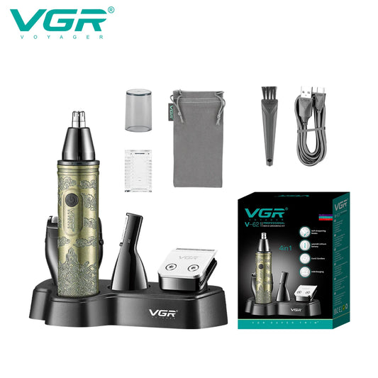 VGR 621 4-in-1 Hair Cleaning Set for Men: Shaver, Carving, Haircutting, Pushing, Metal Nose Hair Trimmer, Electric Shaver Peaceful Pleasures Health and Wellness USB