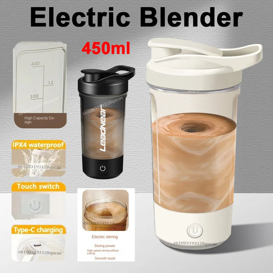New Portable Electric Protein Shaker Bottle USB Rechargeable Shaker Bottle Multipurpose 450ml Mixer Cups for Fitness Workout Men Peaceful Pleasures Health and Wellness