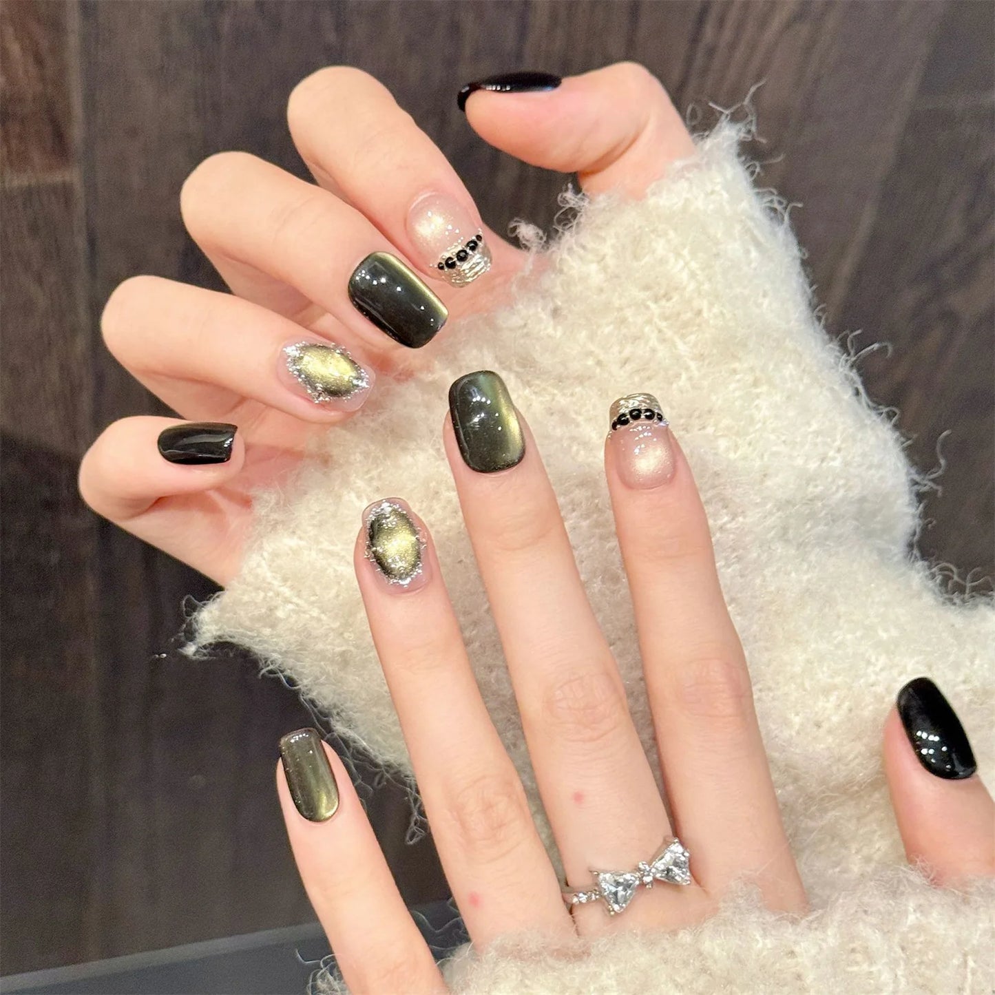 10Pcs Handmade Dark Green Cat's Eye Press on Nails Almond Advanced Fake Nails with Designs for Women Wearable Ballet Nail Art Peaceful Pleasures Health and Wellness
