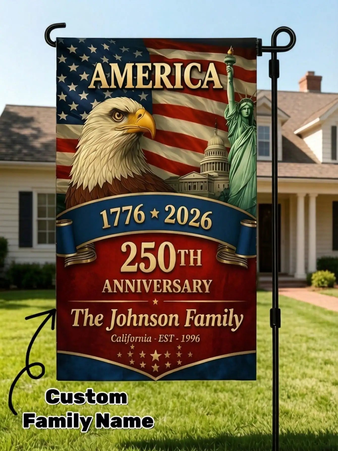 1pc Personalized Patriotic Garden Flag Custom Family Name Eagle Banner 1776 2026 Memorial Day Independence Day Decor Peaceful Pleasures Health and Wellness Style 1 70x100cm