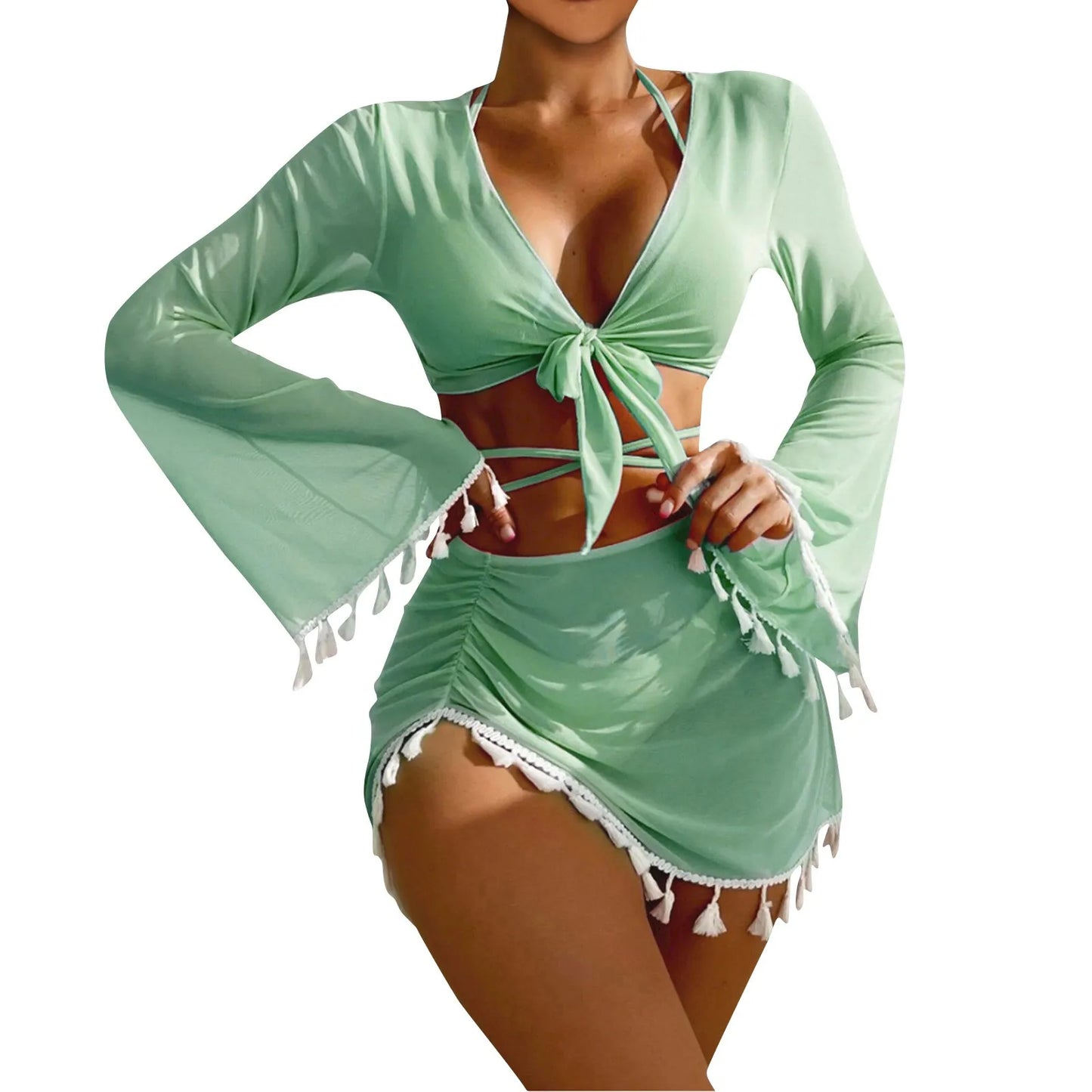 Solid Color Sexy Fashion Slim Fitting Beach Swimwear For Lady Split Lightweight Strap High Waist Pleated Cover-up Four-Piece Set Peaceful Pleasures Health and Wellness