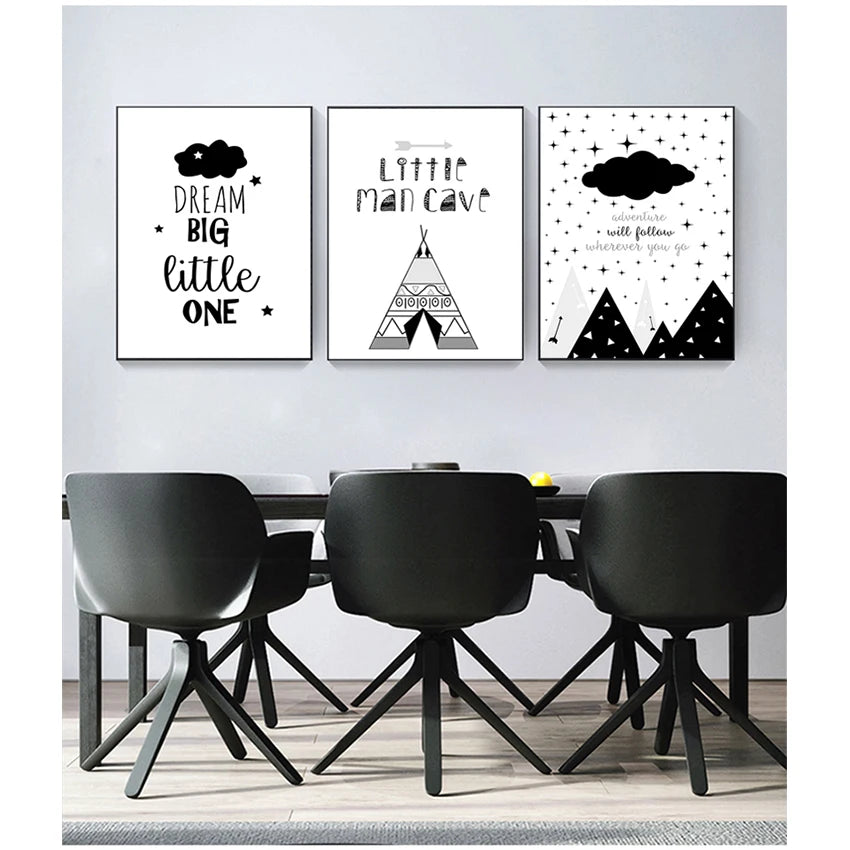 Boys Cartoon Nursery Canvas Wall Art | Black & White Print
