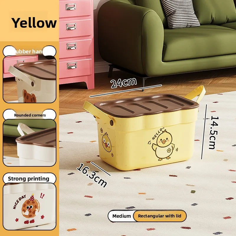 Cartoon Pattern Lidded Storage Box for Toys Snacks Dustproof Desktop Container Household Storage Solution for Various Items Peaceful Pleasures Health and Wellness Yellow with Lid M 1 Pc