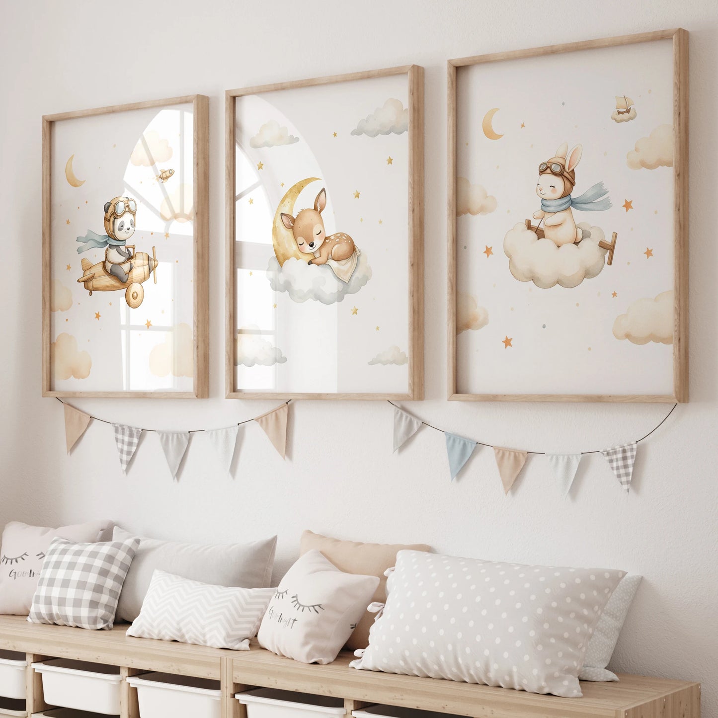 Cartoon Watercolor Airplane Animals Canvas Wall Art | Kids Room