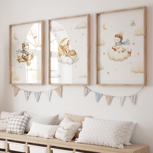 Cartoon Watercolor Airplane Animals Canvas Wall Art | Kids Room Canvas Wall Art Print Peaceful Pleasures Health and Wellness