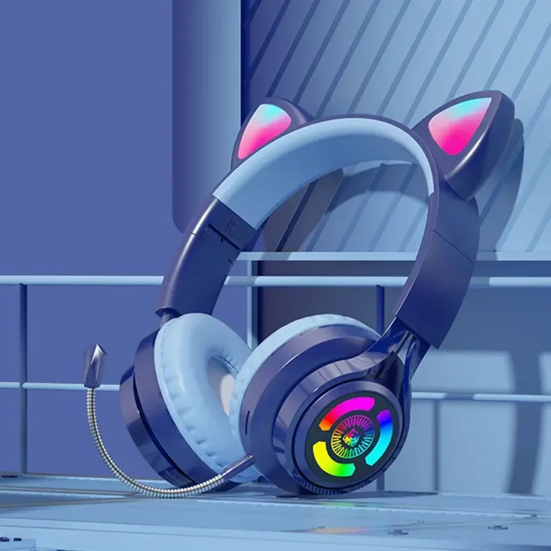 RGB Lighting Headphone For PC Computer iPad Cat Ear Gaming Headset Noise Reduction Headphones With Microphone Children Gift Peaceful Pleasures Health and Wellness Blue
