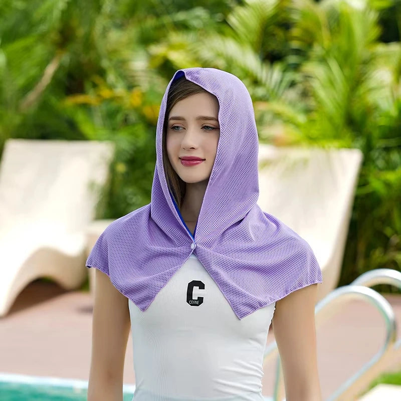 Cooling Hoodie Towel- Hood Towel Evaporative Cool Technology Cools Instantly When Wet Great for Sports Fitness Gym Bandana Peaceful Pleasures Health and Wellness purple