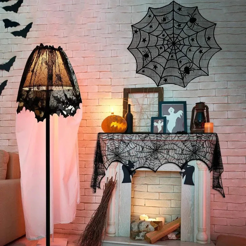 Halloween Black Lace Tablecloth – Spider Web & Bat Table Cover