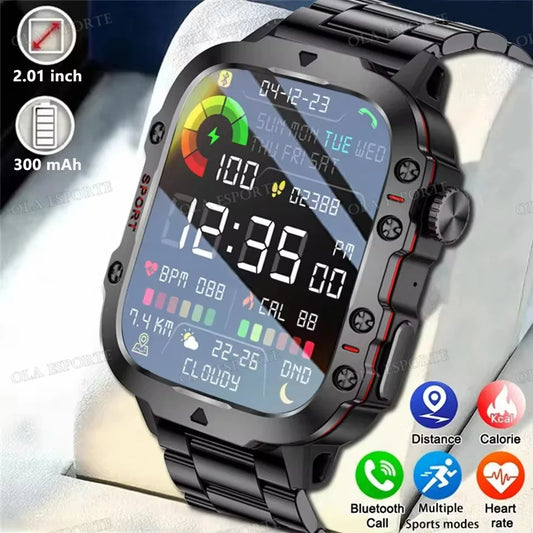 2026 Rugged Military Smart Watch Men's Outdoor Watch LED Flashlight 2.01'' HD Touch Screen Voice Bluetooth Call Smartwatch Gifts Peaceful Pleasures Health and Wellness