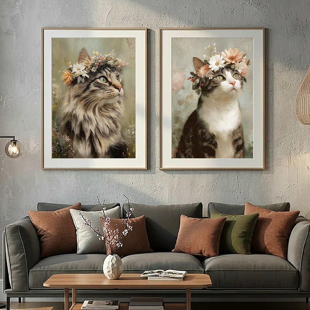 Vintage Animal Wall Art, Plant Floral Cat Canvas Painting, Botanical Poster Print for Bedroom Living Room Wall Decor Peaceful Pleasures Health and Wellness