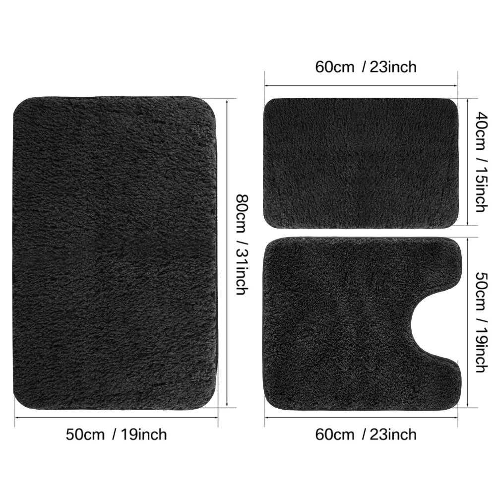3 Piece Set Toilet Bath Floor Mat Microfibre Bath Mats Super Absorbent Extra Soft Non Slip Comfortable Carpet Bathtub Feet Rugs Peaceful Pleasures Health and Wellness Black 3 Piece Set